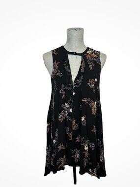 Free People Black Floral Keyhole Swing Dress with Brown & Blue Accents